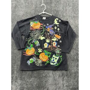 Vintage KWBL Shirt Womens Large Black Graphic Witch Ghost Puff Paint Halloween